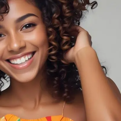 A Young Black Woman With Medium Brown Skin And Curly Hair Smiling While Touching Her Hair She Has A Bright Smile And Is Wearing A Colorful Dress The Background Is A Soft Gray 47 7613