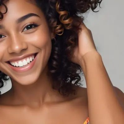 A Young Black Woman With Medium Brown Skin And Curly Hair Smiling While Touching Her Hair She Has A Bright Smile And Is Wearing A Colorful Dress The Background Is A Soft Gray 49 07bc