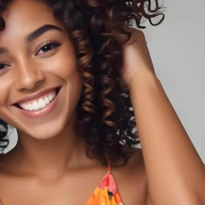 A Young Black Woman With Medium Brown Skin And Curly Hair Smiling While Touching Her Hair She Has A Bright Smile And Is Wearing A Colorful Dress The Background Is A Soft Gray 51 73bf