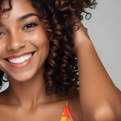A Young Black Woman With Medium Brown Skin And Curly Hair Smiling While Touching Her Hair She Has A Bright Smile And Is Wearing A Colorful Dress The Background Is A Soft Gray 54 3dab