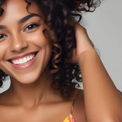 A Young Black Woman With Medium Brown Skin And Curly Hair Smiling While Touching Her Hair She Has A Bright Smile And Is Wearing A Colorful Dress The Background Is A Soft Gray 55 221d
