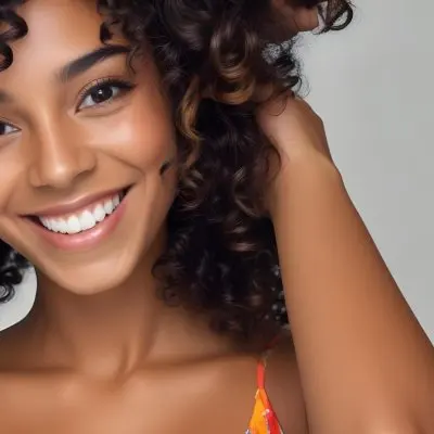 A Young Black Woman With Medium Brown Skin And Curly Hair Smiling While Touching Her Hair She Has A Bright Smile And Is Wearing A Colorful Dress The Background Is A Soft Gray 57 5364