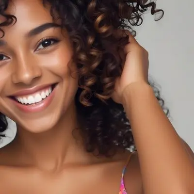 A Young Black Woman With Medium Brown Skin And Curly Hair Smiling While Touching Her Hair She Has A Bright Smile And Is Wearing A Colorful Dress The Background Is A Soft Gray 69 75c1