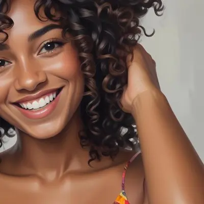 A Young Black Woman With Medium Brown Skin And Curly Hair Smiling While Touching Her Hair She Has A Bright Smile And Is Wearing A Colorful Dress The Background Is A Soft Gray 7 49a4