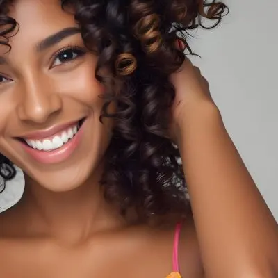 A Young Black Woman With Medium Brown Skin And Curly Hair Smiling While Touching Her Hair She Has A Bright Smile And Is Wearing A Colorful Dress The Background Is A Soft Gray 72 92dc