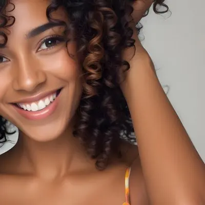 A Young Black Woman With Medium Brown Skin And Curly Hair Smiling While Touching Her Hair She Has A Bright Smile And Is Wearing A Colorful Dress The Background Is A Soft Gray 74 1833