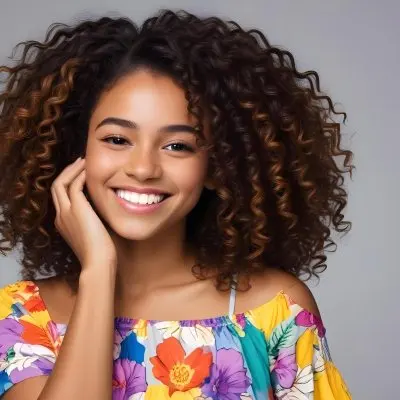 A Young Black Woman With Medium Brown Skin And Curly Hair Smiling While Touching Her Hair She Has A Bright Smile And Is Wearing A Colorful Dress The Background Is A Soft Gray 77 8a83