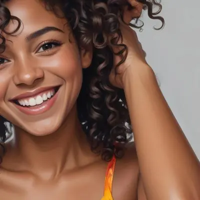 A Young Black Woman With Medium Brown Skin And Curly Hair Smiling While Touching Her Hair She Has A Bright Smile And Is Wearing A Colorful Dress The Background Is A Soft Gray 8 0bfa