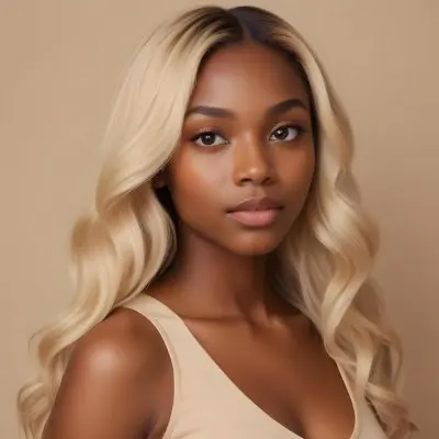 A Young Black Woman With Medium Brown Skin And Long Wavy Blonde Hair She Has A Neutral Expression And Is Wearing A Light Beige Top The Background Is A Soft Warm Beige Color 26 D79e