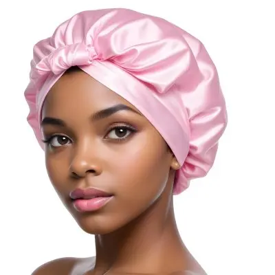 A Young Black Woman With Short Dark Hair Wearing A Pink Satin Shower Cap 1 Ffd5