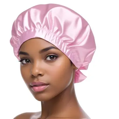 A Young Black Woman With Short Dark Hair Wearing A Pink Satin Shower Cap 3 8540