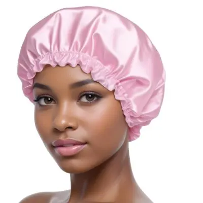 A Young Black Woman With Short Dark Hair Wearing A Pink Satin Shower Cap 6 Ab5c