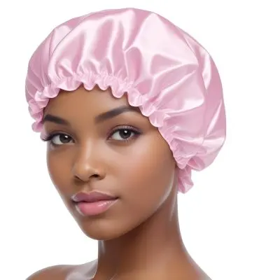 A Young Black Woman With Short Dark Hair Wearing A Pink Satin Shower Cap 7 7f4a