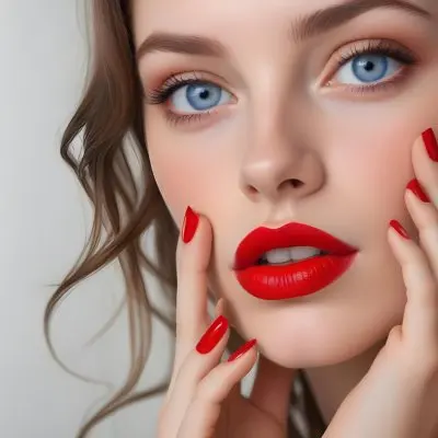 A Young Caucasian Woman Approximately 20 Years Old With Long Wavy Brown Hair She Has Striking Blue Eyes Full Red Lips And Is Wearing Bold Red Nail Polish The Background Is A Soft Neutral Color That Enhances He 11 0ab9