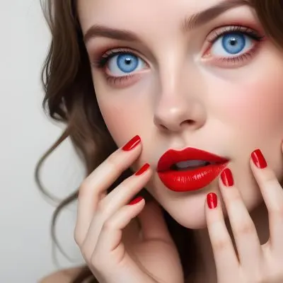 A Young Caucasian Woman Approximately 20 Years Old With Long Wavy Brown Hair She Has Striking Blue Eyes Full Red Lips And Is Wearing Bold Red Nail Polish The Background Is A Soft Neutral Color That Enhances He 20 D7ab