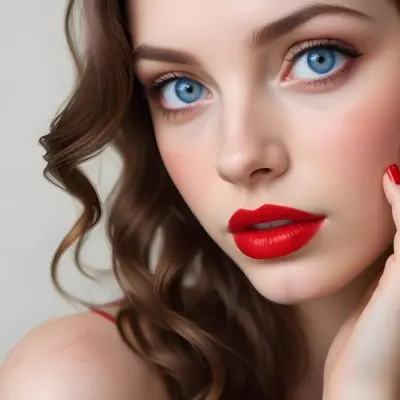 A Young Caucasian Woman Approximately 20 Years Old With Long Wavy Brown Hair She Has Striking Blue Eyes Full Red Lips And Is Wearing Bold Red Nail Polish The Background Is A Soft Neutral Color That Enhances He 4 B3cc