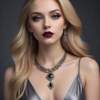 A Young Caucasian Woman Around 20 Years Old With Light Skin And Long Styled Blonde Hair She Is Wearing Glamorous Makeup Including Bold Eyeliner And Dark Lipstick The Subject Is Adorned With Elegant Jewelry Includi 17 70fb