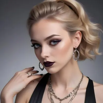 A Young Caucasian Woman Around 20 Years Old With Light Skin And Long Styled Blonde Hair She Is Wearing Glamorous Makeup Including Bold Eyeliner And Dark Lipstick The Subject Is Adorned With Elegant Jewelry Includi 18 7832