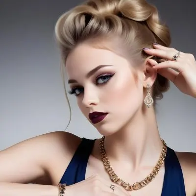 A Young Caucasian Woman Around 20 Years Old With Light Skin And Long Styled Blonde Hair She Is Wearing Glamorous Makeup Including Bold Eyeliner And Dark Lipstick The Subject Is Adorned With Elegant Jewelry Includi 28 1ceb