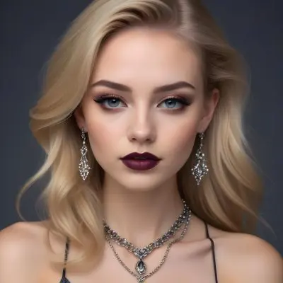 A Young Caucasian Woman Around 20 Years Old With Light Skin And Long Styled Blonde Hair She Is Wearing Glamorous Makeup Including Bold Eyeliner And Dark Lipstick The Subject Is Adorned With Elegant Jewelry Includi 7 7417