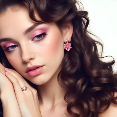 A Young Caucasian Woman In Her Early 20s With Long Curly Brown Hair She Has A Soft Makeup Look Featuring Pink Eyeshadow And Glossy Pink Lips She Is Wearing A Large Decorative Ring With A Flower Design On Her Left Han 4 5311