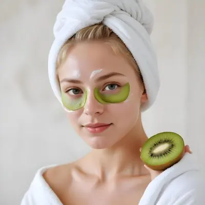 A Young Caucasian Woman With Blonde Hair Wearing A White Towel On Her Head With A Slice Of Kiwi Covering 11 9b8d