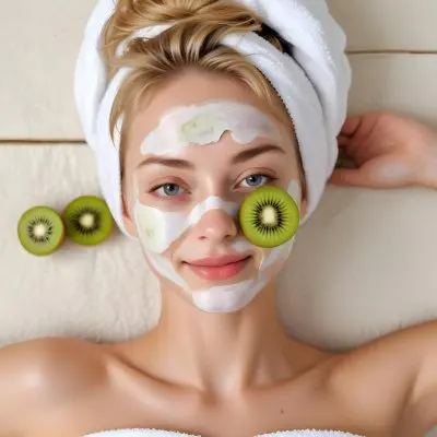 A Young Caucasian Woman With Blonde Hair Wearing A White Towel On Her Head With A Slice Of Kiwi Covering 5