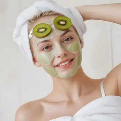 A Young Caucasian Woman With Blonde Hair Wearing A White Towel On Her Head With A Slice Of Kiwi Covering 7 B307