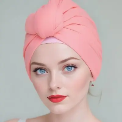A Young Caucasian Woman With Blue Eyes Wearing A Pink Turban Style Headwrap And Bright Red Lipstick 1