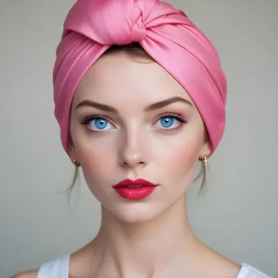 A Young Caucasian Woman With Blue Eyes Wearing A Pink Turban Style Headwrap And Bright Red Lipstick 2
