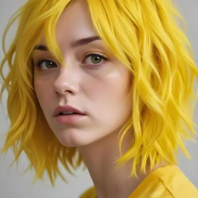A Young Caucasian Woman With Bright Yellow Dyed Hair Styled In A Messy Wavy Bob Cut She Has A Serious Expression On Her Face And Is Wearing A Yellow Top Against A Plain Background 1 Fdd7