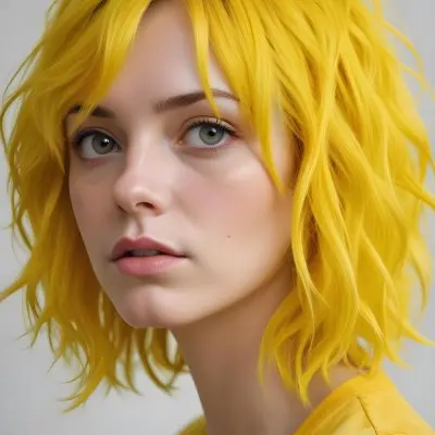 A Young Caucasian Woman With Bright Yellow Dyed Hair Styled In A Messy Wavy Bob Cut She Has A Serious Expression On Her Face And Is Wearing A Yellow Top Against A Plain Background 10 Bb30