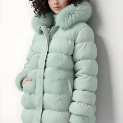 A Young Caucasian Woman With Curly Dark Hair Wearing A Mint Green Puffy Winter Coat With A Large Fur Collar 13 9777