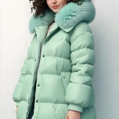 A Young Caucasian Woman With Curly Dark Hair Wearing A Mint Green Puffy Winter Coat With A Large Fur Collar 21 91a6