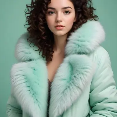 A Young Caucasian Woman With Curly Dark Hair Wearing A Mint Green Puffy Winter Coat With A Large Fur Collar 24 3ef7