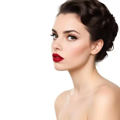 A Young Caucasian Woman With Dark Brown Hair Styled In An Updo Wearing Bold Red Lipstick And Looking Directly At The Camera With A Serious Expression 13 Cbaa