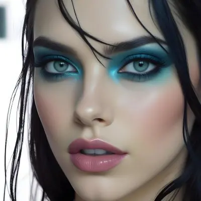 A Young Caucasian Woman With Dark Hair Bold Blue And Teal Eye Makeup And Deep Purple Lipstick 11 9d60