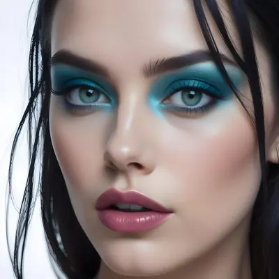 A Young Caucasian Woman With Dark Hair Bold Blue And Teal Eye Makeup And Deep Purple Lipstick 26 68e2