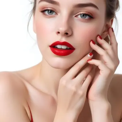 A Young Caucasian Woman With Fair Skin Blue Eyes And Long Dark Hair Wearing Bright Red Lipstick And Posing With Her Hands On Her Face 9 8464