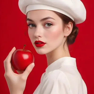 A Young Caucasian Woman With Fair Skin Red Lips And Curled Brown Hair Wearing A White Hat And Holding A Red Apple Against A Bright Red Background 1 72f7