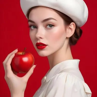A Young Caucasian Woman With Fair Skin Red Lips And Curled Brown Hair Wearing A White Hat And Holding A Red Apple Against A Bright Red Background 10 101a