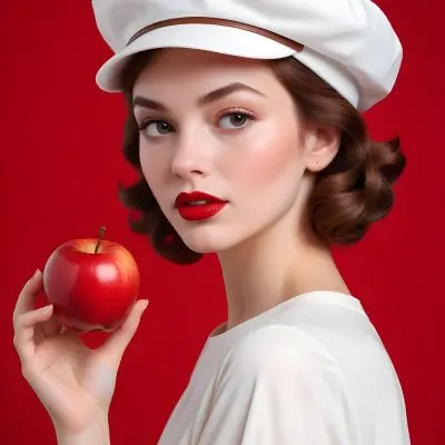 A Young Caucasian Woman With Fair Skin Red Lips And Curled Brown Hair Wearing A White Hat And Holding A Red Apple Against A Bright Red Background 2 5989