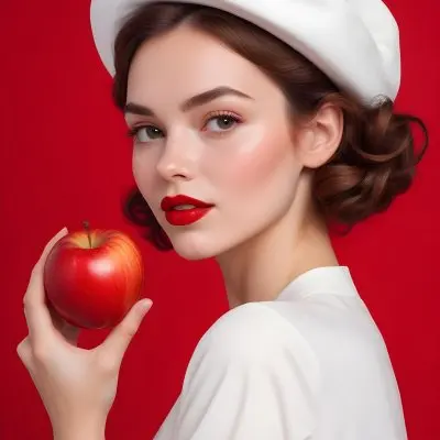 A Young Caucasian Woman With Fair Skin Red Lips And Curled Brown Hair Wearing A White Hat And Holding A Red Apple Against A Bright Red Background 3 6777
