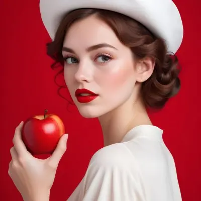 A Young Caucasian Woman With Fair Skin Red Lips And Curled Brown Hair Wearing A White Hat And Holding A Red Apple Against A Bright Red Background 7 1231