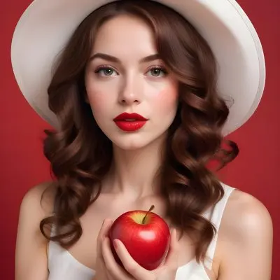 A Young Caucasian Woman With Fair Skin Red Lips And Curled Brown Hair Wearing A White Hat And Holding A Red Apple Against A Bright Red Background 8 0317