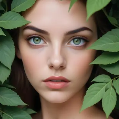 A Young Caucasian Woman With Green Eyes Full Lips And Dark Eyebrows Partially Obscured By Green Leaves 4 4e9d