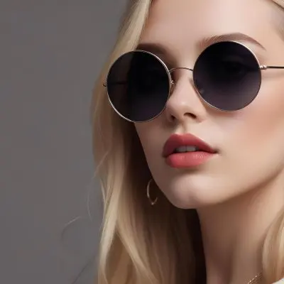 A Young Caucasian Woman With Light Skin And Long Blonde Hair Wearing Large Round Sunglasses With Dark Lenses She Has Full Lips And Is Adorned With A Dangling Earring The Background Is A Simple Gray Emphasizing Her 11 2556