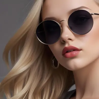 A Young Caucasian Woman With Light Skin And Long Blonde Hair Wearing Large Round Sunglasses With Dark Lenses She Has Full Lips And Is Adorned With A Dangling Earring The Background Is A Simple Gray Emphasizing Her 12 9d76