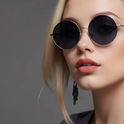 A Young Caucasian Woman With Light Skin And Long Blonde Hair Wearing Large Round Sunglasses With Dark Lenses She Has Full Lips And Is Adorned With A Dangling Earring The Background Is A Simple Gray Emphasizing Her 13 01dc