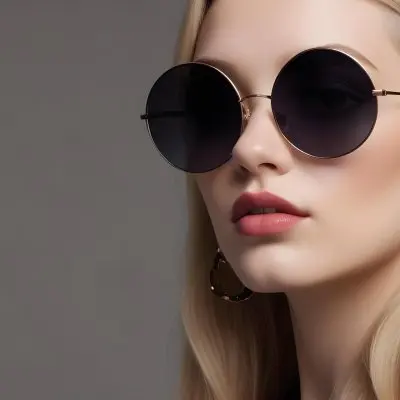 A Young Caucasian Woman With Light Skin And Long Blonde Hair Wearing Large Round Sunglasses With Dark Lenses She Has Full Lips And Is Adorned With A Dangling Earring The Background Is A Simple Gray Emphasizing Her 16 3cd8